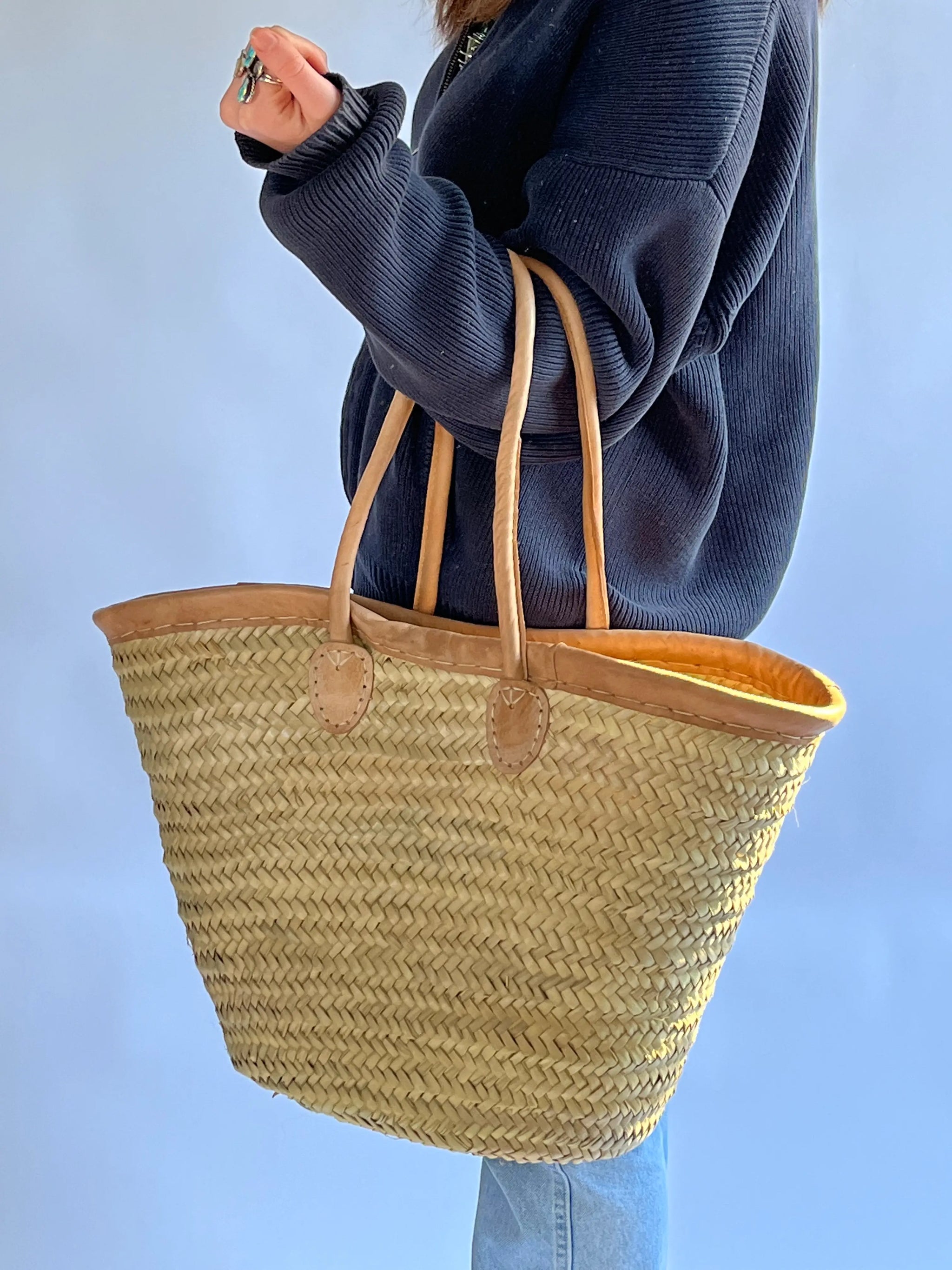 Leather Trimmed Market Basket with Long Handles – The Golden Hour SF
