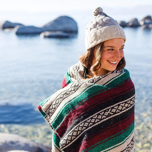 Vintage Style - Maroon, Beige, Green Super Falsa Mexican Blanket